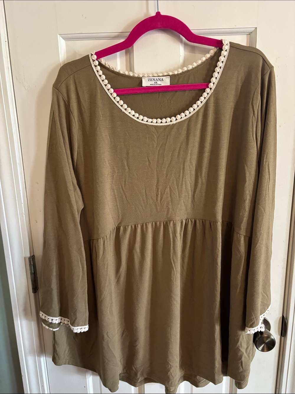 Zenana Olive Peplum Tunic with White Lace Trim